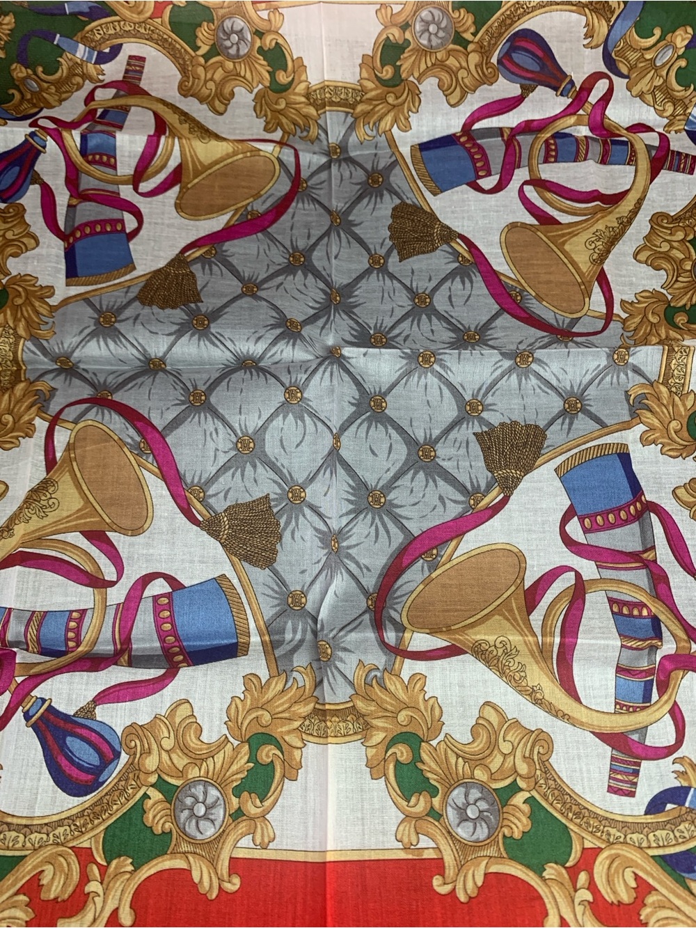 CELINE Red Mini Scarf with Multicolor Crest